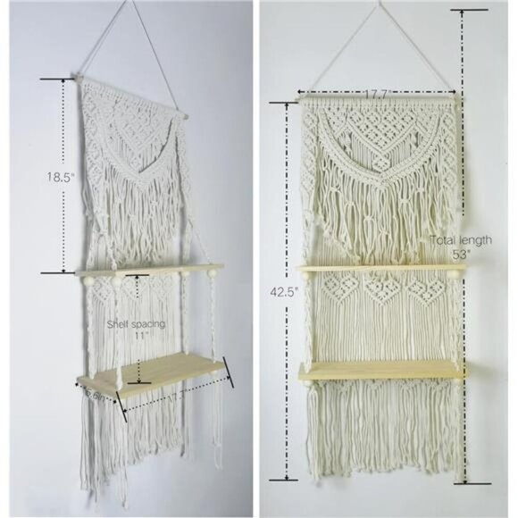 Macrame Wall Hanging Shelf 2 Tier Boho Floating Shelf Organizer for Plants - Picture 2 of 7